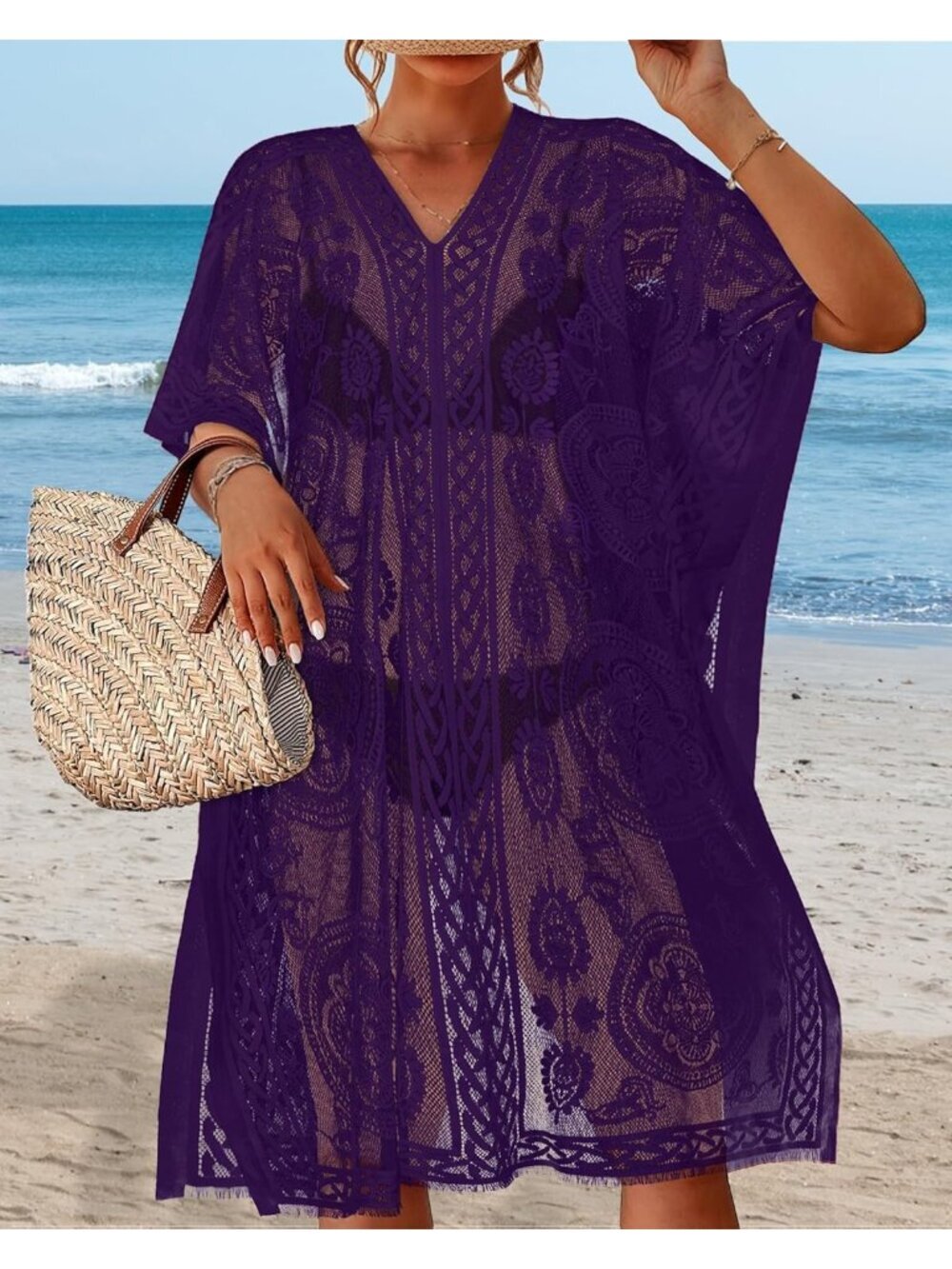 〽️Women Deep Purple V Neck Beach Loose Bikini Lace Bathing Polyester Cover Up
